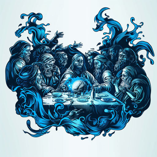 The Last Supper tattoo sketch with dynamic energy in blues