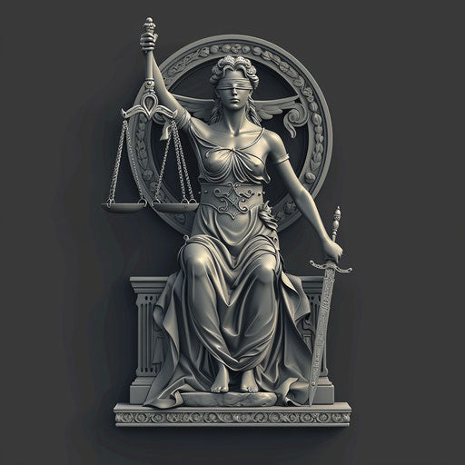 Illustration of justice rendered in a realistic style on a dark charcoal background