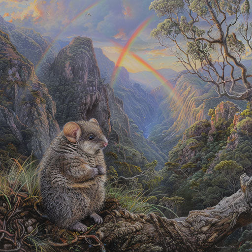 The contemplative pygmy watching a rainbow over the mountain valley