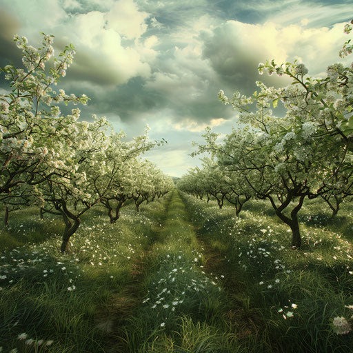 Orchard of apple trees in full spring bloom