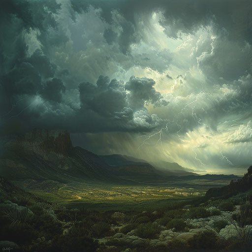 Sandia Mountains with turbulent sky, in the style of Andreas Achenbach