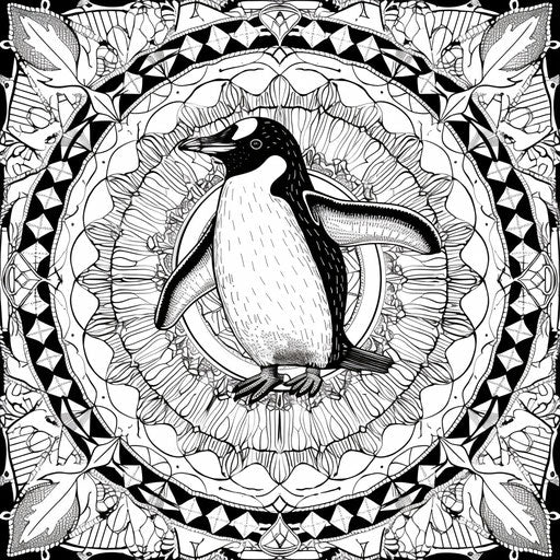 Detailed mandala with a penguin surrounded by icy patterns