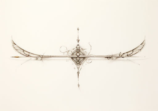 White crossbow and arrow, neoclassical symmetry, tattoo inspiration