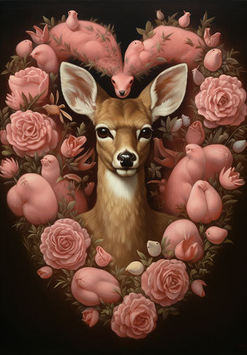 Pink and brown animal hearts, soft realism fawn, folkloric