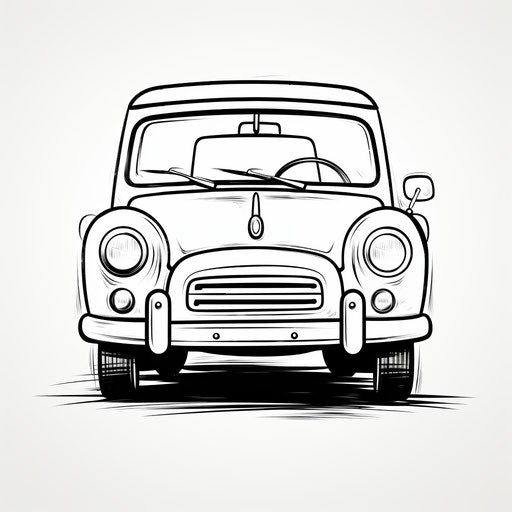 Smiling car, simplified line work, black and white