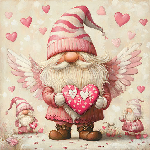 Valentine's Day gnome with wings holding heart-shaped box of candy
