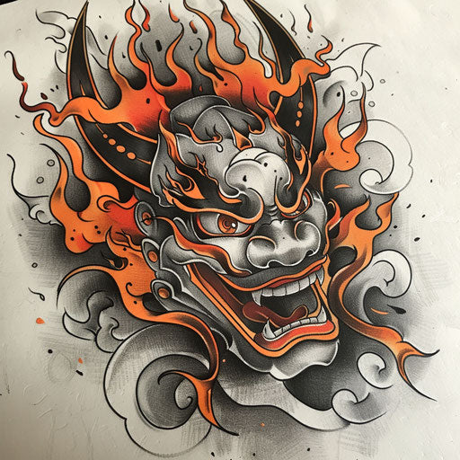 Energetic flat tattoo sketch of a Hannya mask with flames and smoke