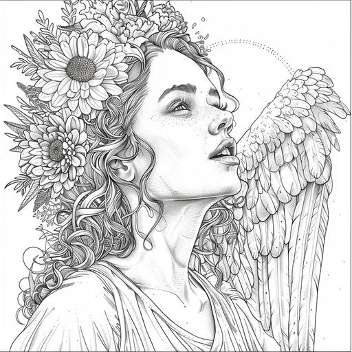 Angel singing a heavenly song with a wreath of flowers