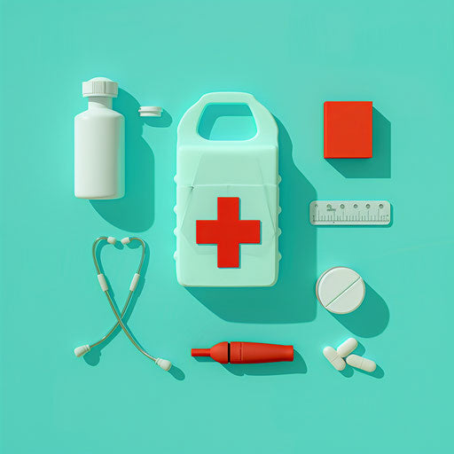 Realistic first aid clipart on turquoise background with bold outlines