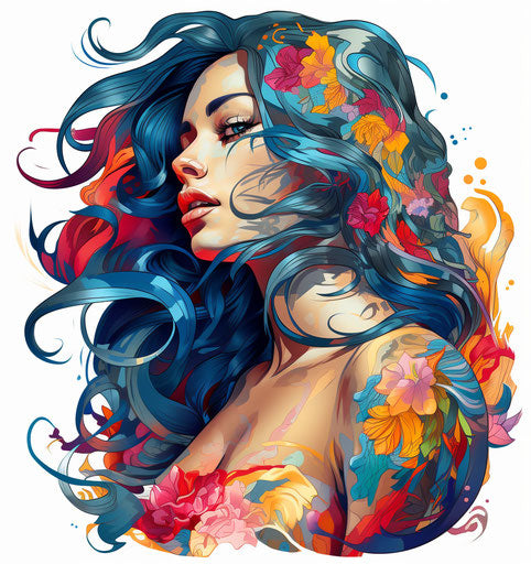 Tattooed girl illustration, vintage American carved style