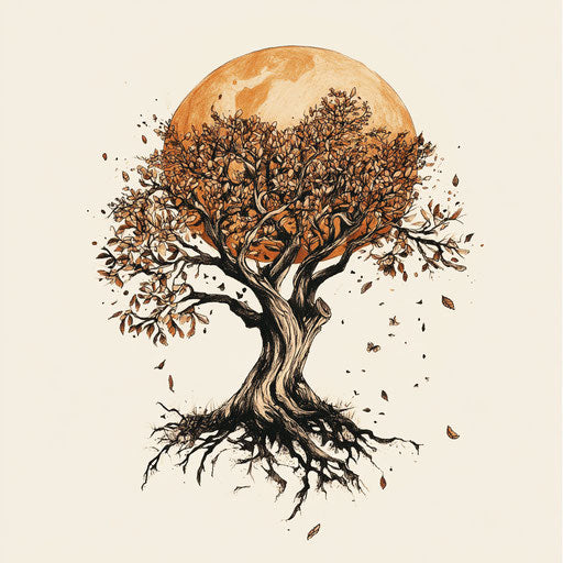 Beautiful clipart style flat tattoo sketch of a tree of life in earth tones on pure white background
