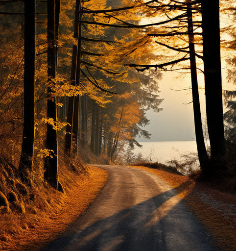 Autumn road with yellow leaves, light orange and dark gold