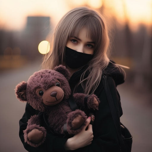 The child wears a black mask with a teddy bear
