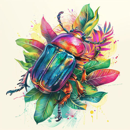 Nature-inspired tattoo sketch of a beetle crawling over leafy greens in a vibrant clipart style