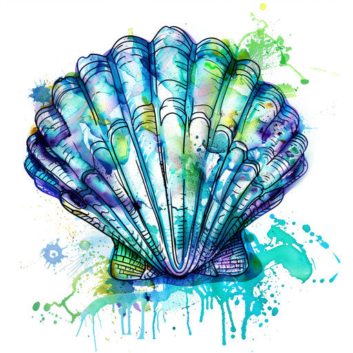 Vibrant sketch of a scallop shell with watercolor splashes, clipart style