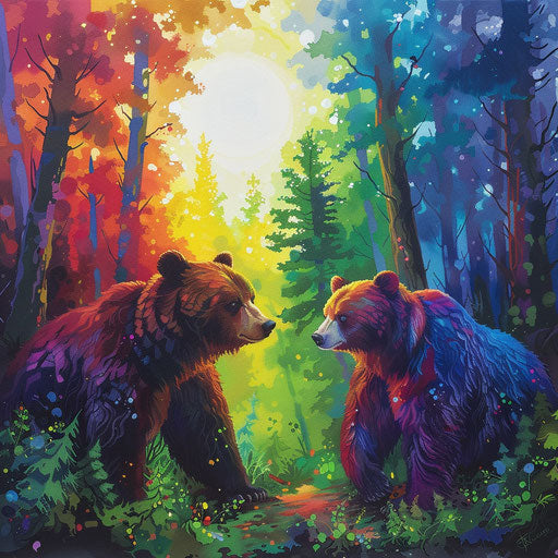 Bears painting the forest with rainbow colors