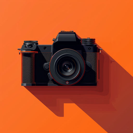 Realistic camera clipart on flat sunset orange background