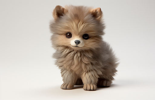 Small pomeranian puppy on white background, light maroon and dark beige style