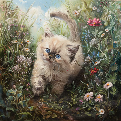 Himalayan kitten exploring a garden filled with flowers