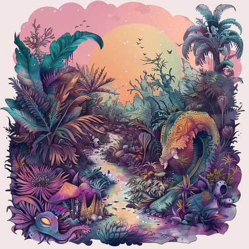 Fantastical jungle with magical creatures and oversized plants