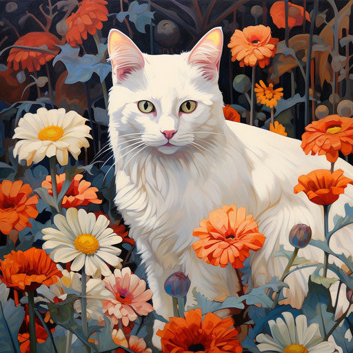 White cat in a flower bed with beautiful flowers