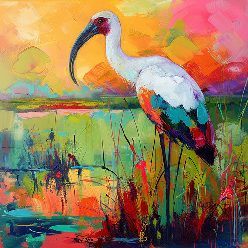 Ibis bird in a vibrant marsh setting with intense colors