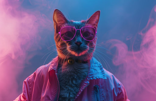 A cat in pink sunglasses and a techno-organic jacket
