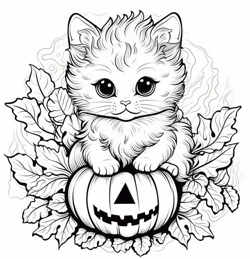 Adorable kitten sitting in a pumpkin with leaves, coloring page for kids and adults, pastel gothic style, realistic 27:28