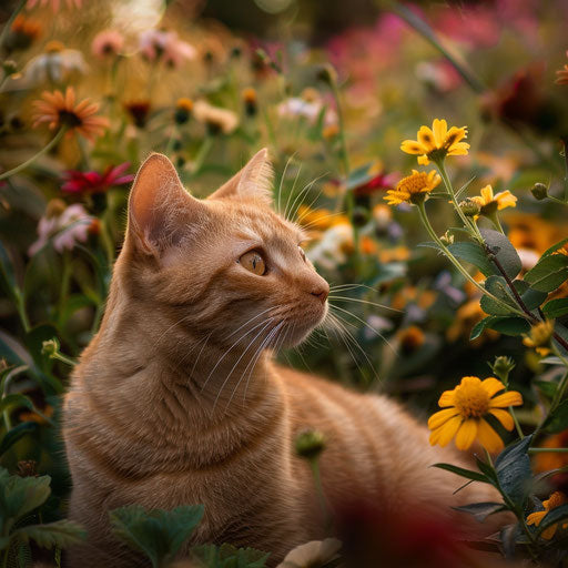 Brown cat in a flower bed with beautiful flowers