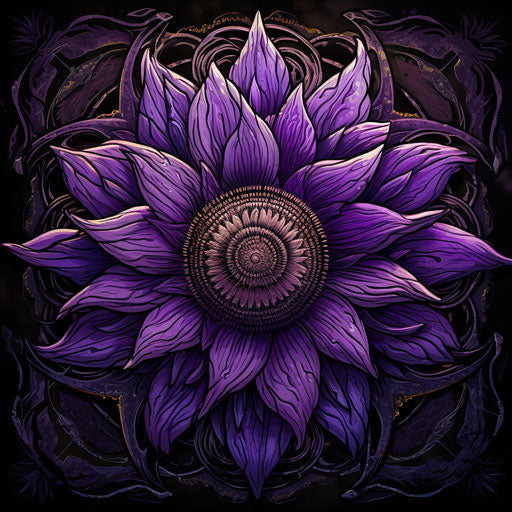 Sunflower on purple painting, intricate black and white pattern
