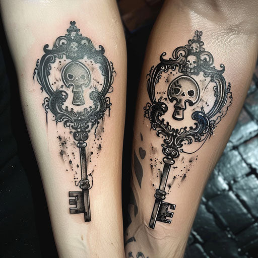 Matching key and lock tattoos, in the style of Gerald Brom