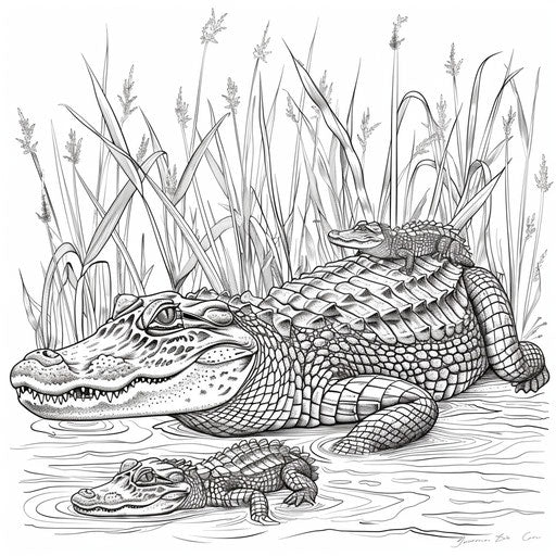 Mother alligator with babies in a marsh