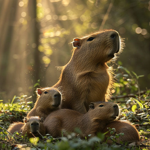 Family of capybaras resting together in a sunlit clearing