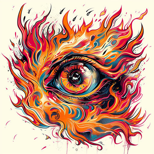 Eye surrounded by red and orange flames in motion