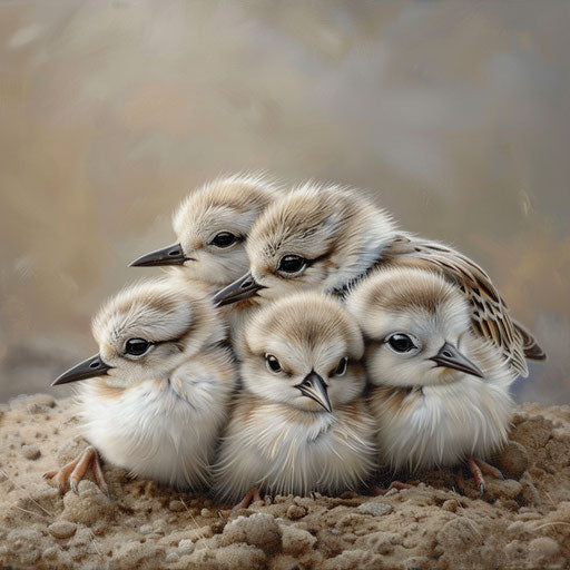 Family of western snowy plovers with fluffy chicks