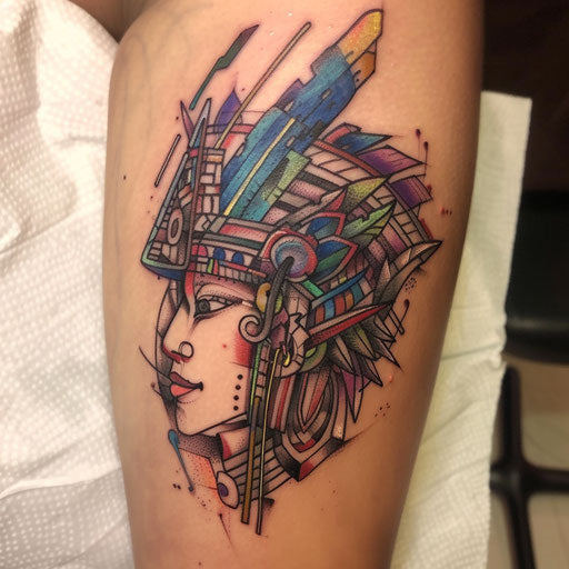 Modern interpretation of a Mayan deity tattoo, with neon highlights, on a white surface