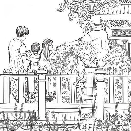 A family paints a fence with beautiful patterns. Coloring page