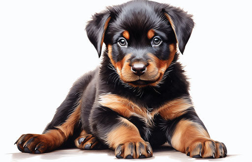 Small rottweiler puppy sitting on white background