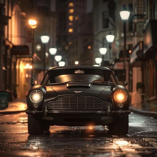 Aston Martin DB6 with matte black stealth design and night vision on covert urban mission