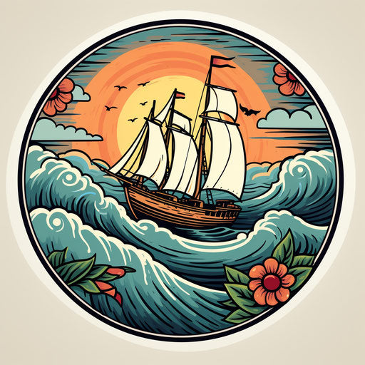 Round world travel sticker, tattoo inspired style