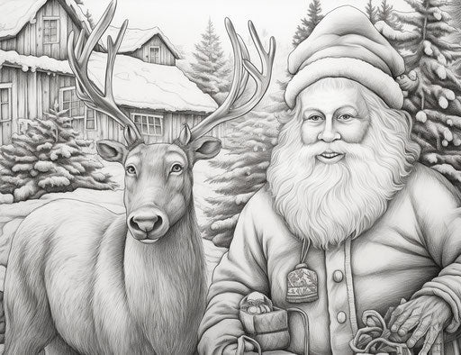 Santa Claus with reindeer coloring page, contrasting animal depictions
