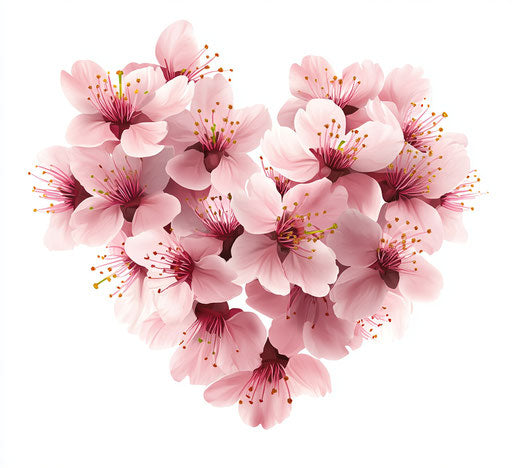 Pink cherry blossoms in heart shape on white background