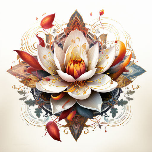 Ornate flower tattoo on white background in Hindu style