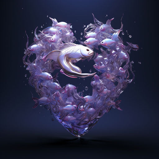 Heart shape filled with fish, violet and silver style, dreamlike symbolism