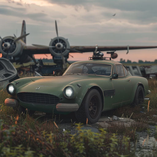 Military-themed 1966 Volvo P1800, matte green paint, spotlight on abandoned airfield