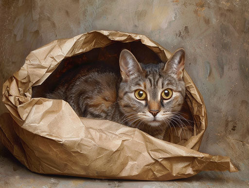 A cat in a brown paper bag, m42 mount style, dark comedy