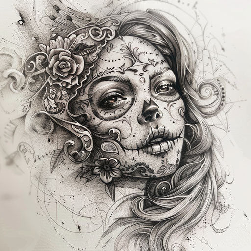 Tattoo sketch of a Chicano art La Catrina with intricate details, shaded with dark tones