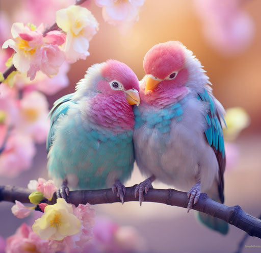 Two colorful birds on a branch, light pink and light magenta style