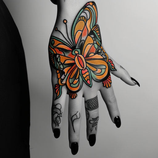 Butterfly hand tattoo with bold outlines, Ed Hardy style