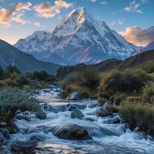 Nanda Devi with a river flowing in the foreground, Chris Burkard style